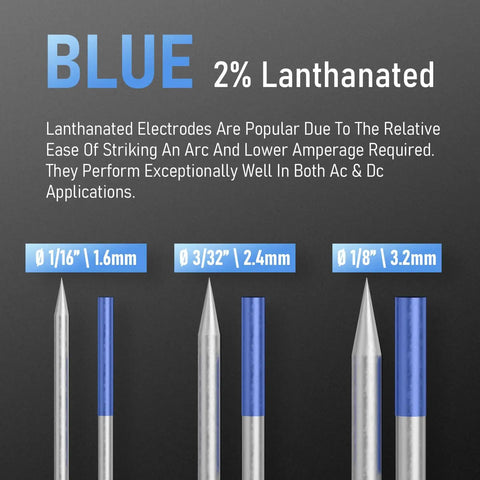 Pre-Sharpened 2% Lanthanated TIG Tungsten Electrodes 3 32nd Inch Blue WL20 EWLa-2 10 Pack for precise welds, image of electrodes.