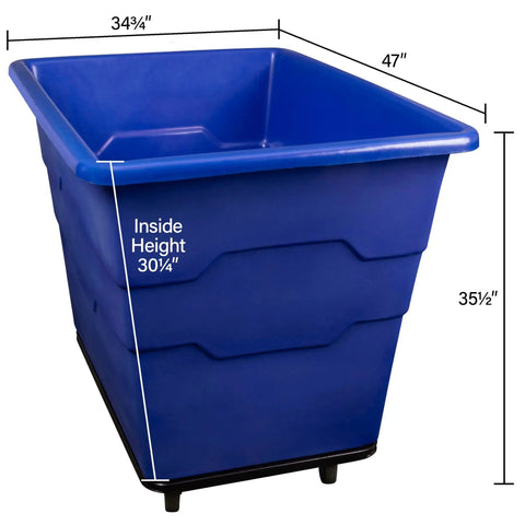 Heavy Duty Commercial Utility Cart Workhorse With 16 Bushel Capacity And 1000 Pound Load Capacity Steel Base And Poly Box Basket On Rolling Wheels For Offices Warehouses Restaurants And More Blue ReadySpace, blue poly tub with dimensions visible.