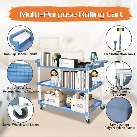 Multi-purpose rolling cart with three shelves, blue frame, non-slip handle, lockable wheels, for kitchen, office, warehouse use.