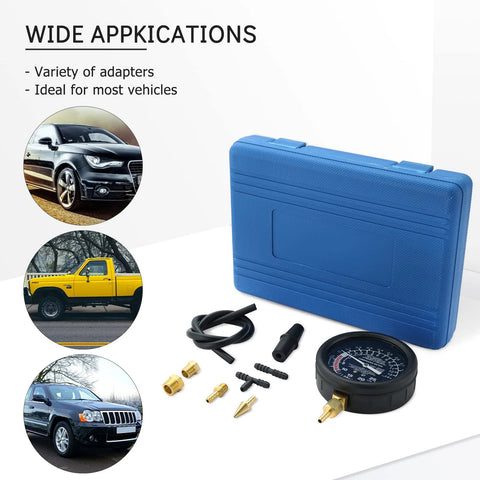 Acymner vacuum and fuel pump tester gauge kit with blue plastic case and brass adapters.
