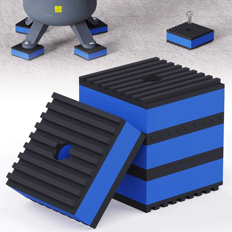 Industrial blue and black vibration isolation pads with textured surfaces used under machinery or equipment for stability and noise reduction.