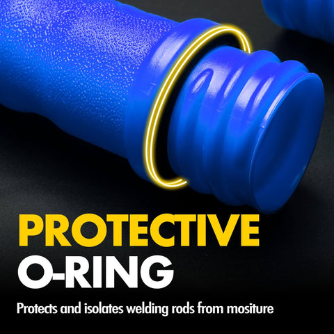 Close-up of blue Heavy Duty 4 Pack Welding Rod Storage Canisters showcasing O-ring seal for moisture protection