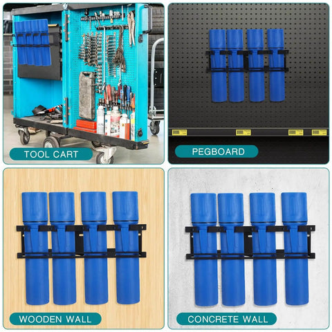 Welding Rod Holder And Storage Tubes Rack for stick welding rods shown on tool cart, pegboard, wooden, and concrete walls.