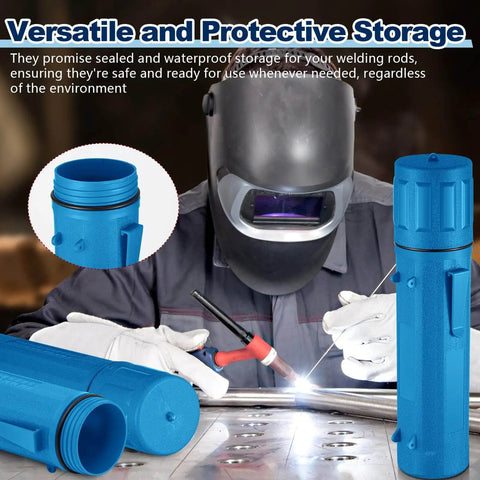 Welder using Two Pack 14 Inch Welding Rod Storage Tubes Set For Easy Organization By Zonon, featuring blue airproof canisters