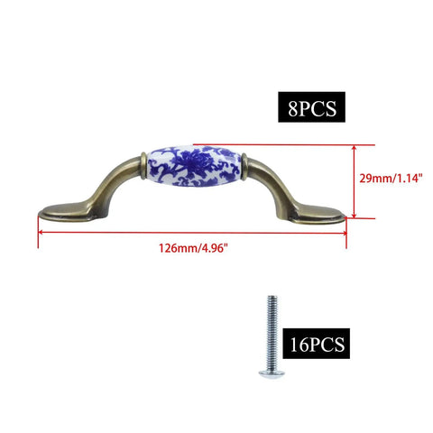 Blue And White Porcelain Pattern Ceramic Cabinet Pulls Set Of Eight With Bronze Finish Screws Included 3 Inch Center