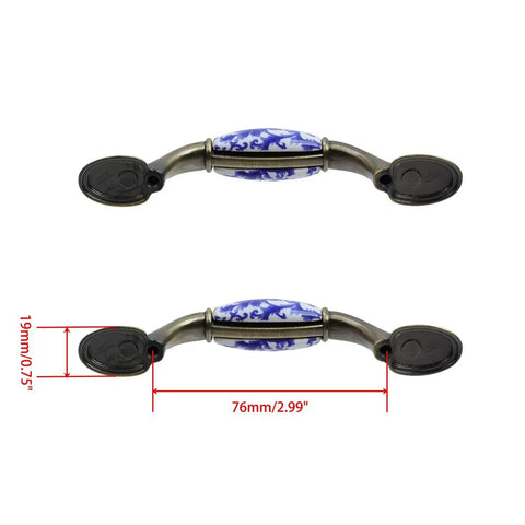 Blue And White Porcelain Pattern Ceramic Cabinet Pulls Set Of Eight with bronze finish screws, shown with 3 inch center hole dimensions