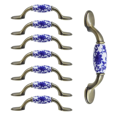 Blue And White Porcelain Pattern Ceramic Cabinet Pulls Set Of Eight With Bronze Finish Screws Included 3 Inch Center Hole Fits Kitchen Cabinets