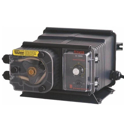 Blue White FlexFlo A100N Metering Feeder Pump 115V - 3/8" OD 6.8 GPD Compression Nuts, front view showing dial and tubing