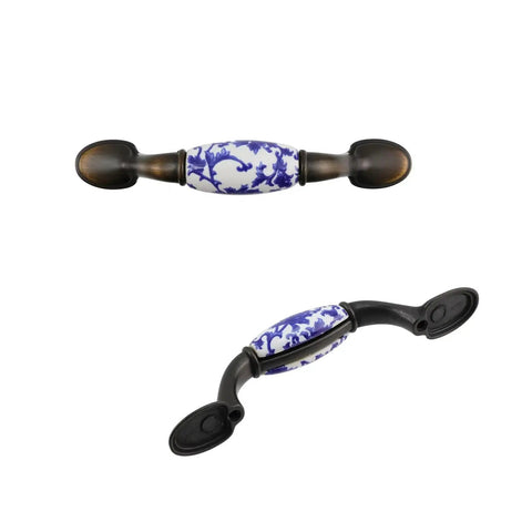 Blue White Porcelain Ceramic Cabinet Handles 4.96 Inch T Bar Pulls With Screws 76mm Center To Center Durable Scratch Resistant Hardware