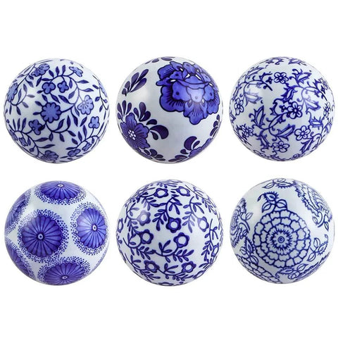Decorative Porcelain Balls, 3" Centerpiece Balls Set, blue and white ceramic orbs with Ming-style floral patterns, pack of 6