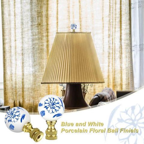 Two Pack Blue And White Porcelain Floral Ball Finials For Lamps 1/4-27 Thread Size Ceramic Chinoiserie Finials with Brass Base