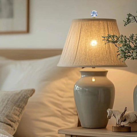 Two Pack Blue And White Porcelain Floral Ball Finials For Lamps on bedside lamp with beige shade