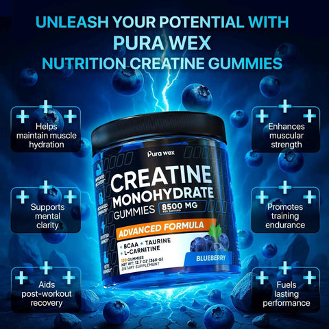Creatine Gummies 8500mg Complex Pre Workout Chews Muscle Growth Energy Sugar Free Vegan Blueberry Flavor 120 Count bottle