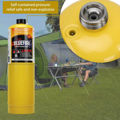 Modern MAPP Gas Cylinder 14.1 Oz For Brazing And Welding Hotter Than Propane With Longer Burning Time And Higher BTU From BLUEFIRE 3600F Max With Oxygen 4 Pack Bundles shown with camping gear background.