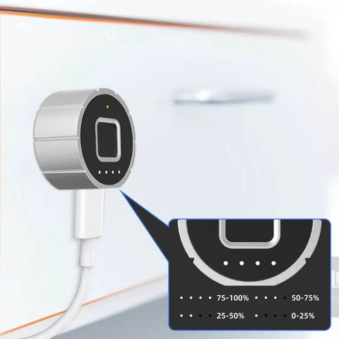 Bluetooth fingerprint drawer lock with three latch sizes fits drawers up to 17mm thick, easy install, app features highlighted.