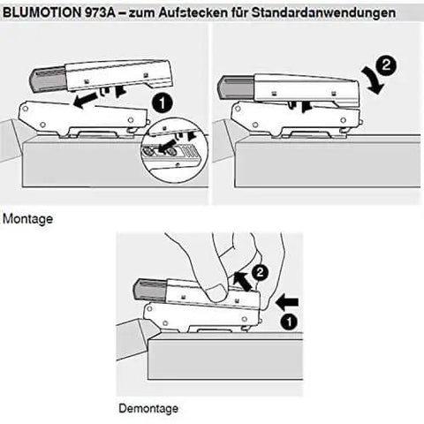 Diagram showing installation of Blum Blumotion Soft Close Dampers for Kitchen Cabinet Doors, detailed steps, T Bar Corner Straps Retrofitting Kit Pack of 10 Stop V105 A033S082