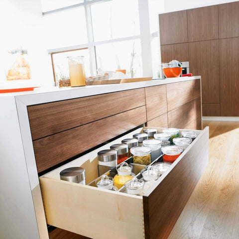 Open kitchen drawer showcasing Blum Tandem Plus BLUMOTION Concealed Undermount Drawer Runner Kit (6 Pack), 21-Inch, full extension.