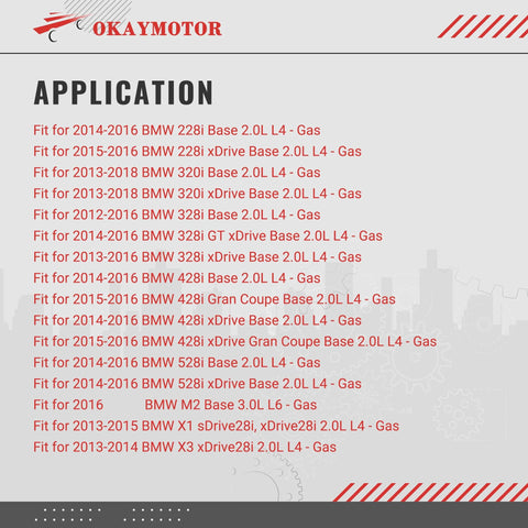OKAYMOTOR turbocharger wastegate actuator application list for BMW 2.0L L4 models (2012–2018), multiple fits displayed.