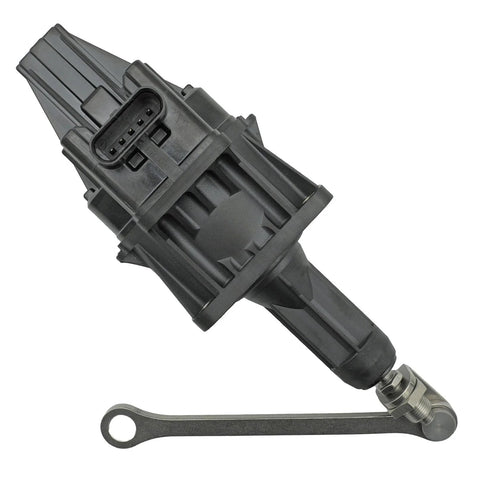 Turbocharger wastegate actuator, black plastic housing with electrical connector and metal lever.