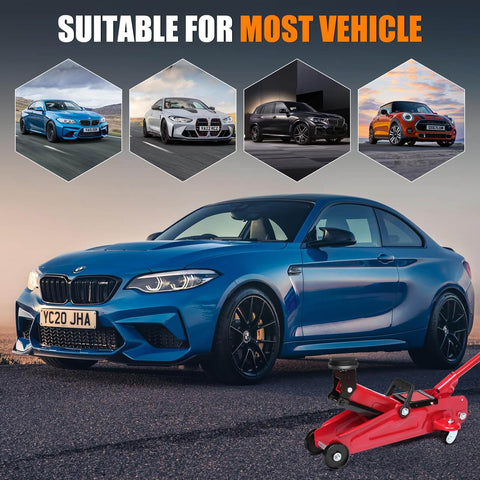 BMW Jack Pad Set 4 Pack For Lift Safety And Protection shown with a blue BMW car and red floor jack against a scenic backdrop.