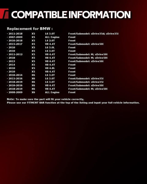 Compatibility chart for Drop-In Front Wheel Bearing Hub Assembly Kit for BMW X5 X6 showing fitment specifications.