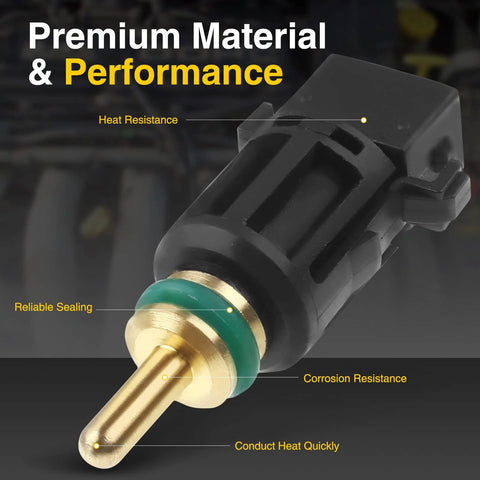 A-Premium engine coolant temperature sensor with brass tip, green O-ring, black plastic housing