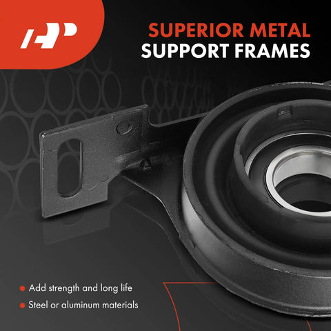 Close-up of Beefy BMW Drive Shaft Center Support Carrier Bearing with metal support frames for durability.