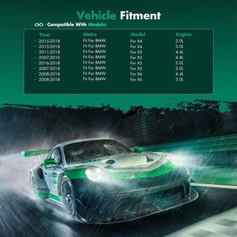 Racing car illustration with vehicle fitment chart for BMW X4, X5, X6, engine specs 2.0L to 4.4L, years 2007-2018.