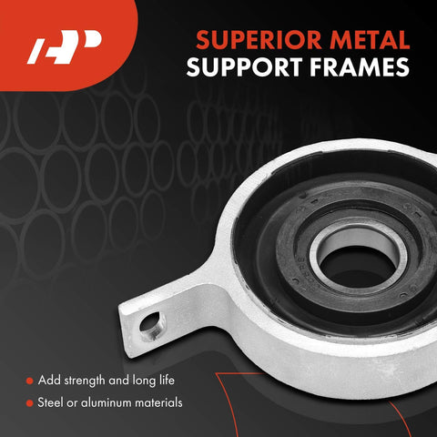 Beefed Up Driveshaft Center Support Bearing Carrier For BMW SUVs X5 X3 X6 X4 2007 Through 2018 Replacement Propshaft Mount Fits XDrive Models 26127558745 High Quality OEM Replacement made of metal with black insert, shown close-up.