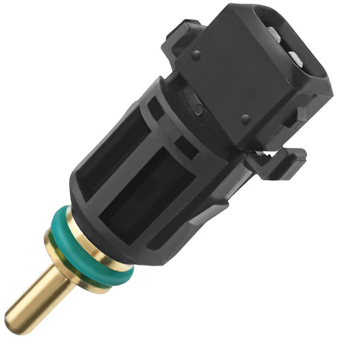 Engine coolant temperature sensor for BMW, black plastic housing, brass stem, green O-ring.