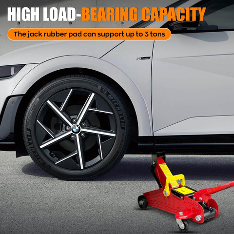BMW car with a jack beneath, illustrating use of BMW Jack Pad Set 4 Pack For Lift Safety And Protection Pro Grade Heavy Duty Rubber Jack Pads For BMW And Mini Cars 2010 To 2025