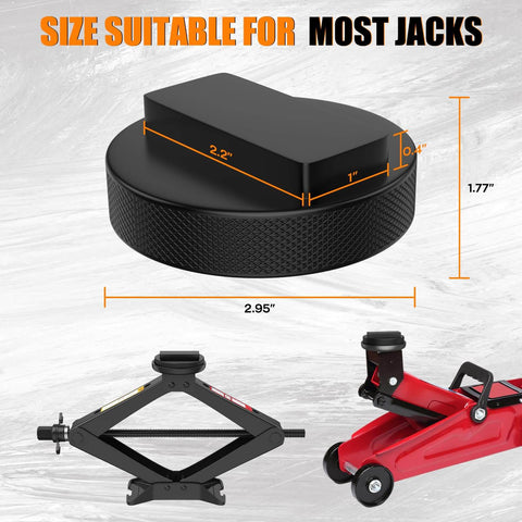 BMW Jack Pad Set 4 Pack For Lift Safety And Protection Pro Grade Heavy Duty Rubber Jack Pads For BMW And Mini Cars 2010 To 2025 High Load Bearing Protects Sill And Underbody Easy Fit For Jack Stands And Floor Jacks shown with dimensions and jack compatibility