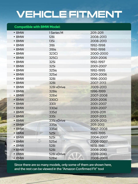 Chart showing vehicle fitment compatibility for BMW 1-8 Series and M models, listing specific model years and series.