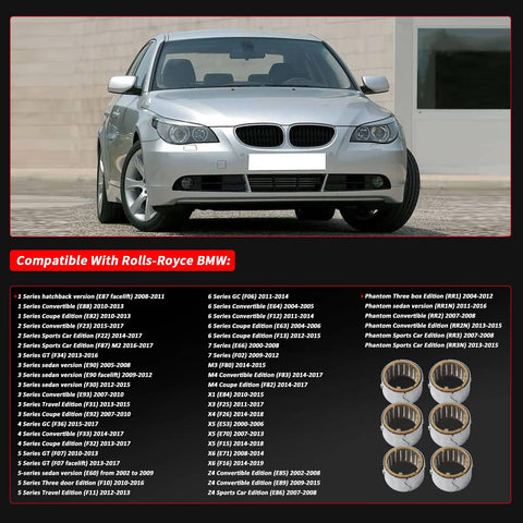 Front view of BMW car with Six Pack Needle Roller Bearings For BMW 2000 2019 Replacement Part 11377615379 shown and compatibility list.