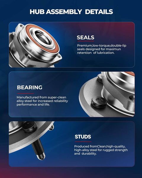 Image showing close-up details of the Front Wheel Bearing Hub Assembly For BMW X5 2007 To 2018 And BMW X6 2008 To 2019 Direct Fit Replacement Kit, highlighting seals, bearing, and studs.