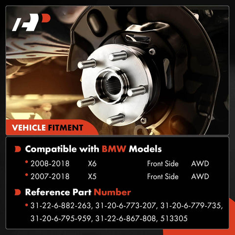 Two Piece Front Wheel Bearing And Hub Assembly Set For BMW X5 2007 To 2018 and X6 2008 To 2018 AWD Only Drop In Replacement