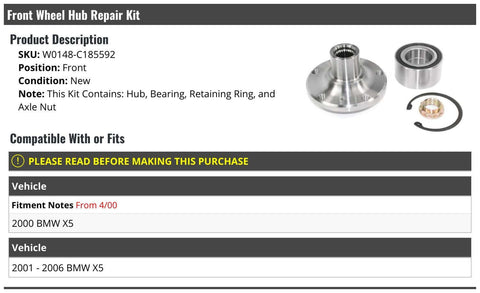 Beefed Up Front Wheel Hub Bearing Repair Kit With Retaining Ring And Axle Nut For 2000 2001 2002 2003 2004 2005 2006 BMW X5 Front Suspension Replacement Part For Easy Install In Front Hub Area Durable Construction OE Fit shown with components