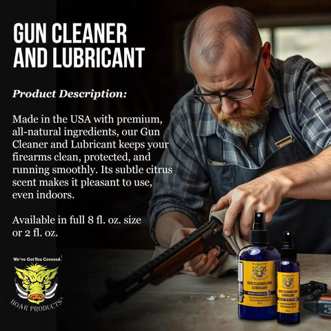 Man cleaning gun, bottles of Premium Gun Cleaner And Lubricant CLP Spray for Metal Surfaces on table.