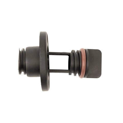 Side view of self retaining boat drain plug that stays put in 1 inch hole with o ring seal polypropylene construction and vibration resistant design