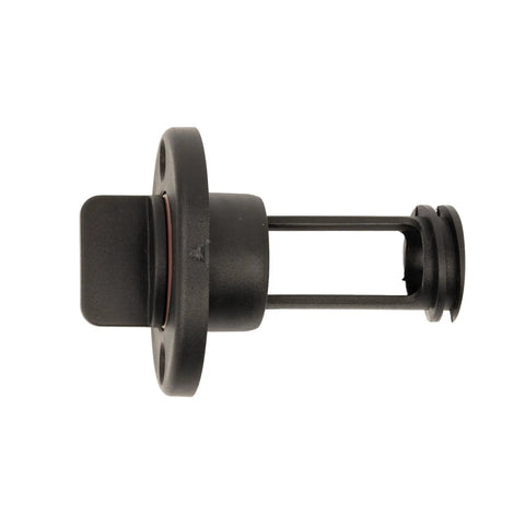 Side view of a self-retaining boat drain plug that stays put in 1 inch hole with O ring seal polypropylene construction.