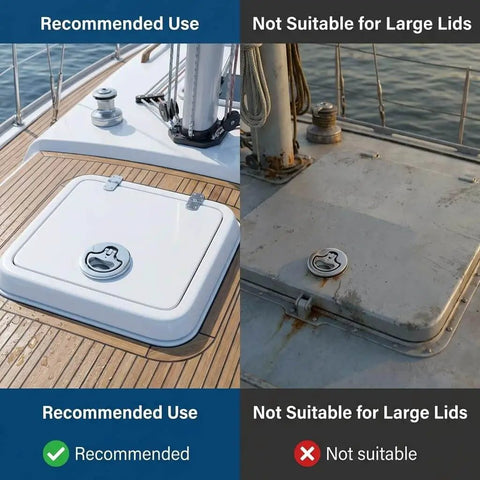 Marine grade 316 stainless steel boat cam latch set fits 52mm hole cutouts and 1/2 to 1 inch panels, installed on boat hatch