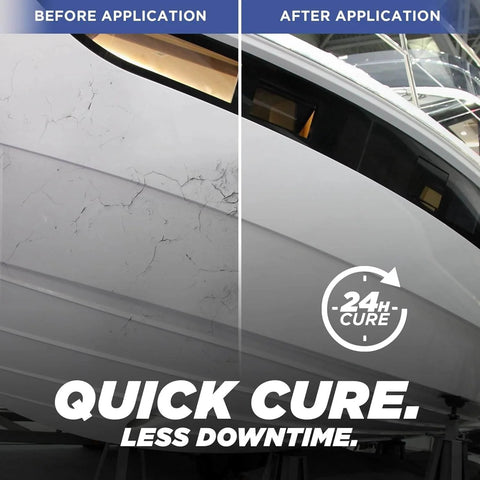 Boat hull showing before and after application of Black 5200 Marine Sealant Fast Cure For Boats And RVs Be Your Go To Heavy Duty Adhesive