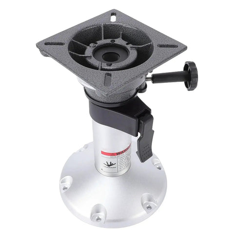 Front view of Focket boat seat pedestal, 13–18 in adjustable height, 360° swivel with locking lever and square mounting plate.