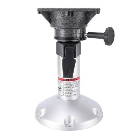 Front view of Focket boat seat pedestal on round base; silver column with black locking knob, 13–18 in height