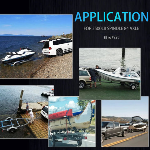Collage showing 2 Sets 3500lb Boat Trailer Axle Bearing Kit for #84 Spindle in use with different vehicles and boats.