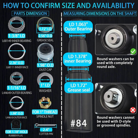 Diagram showing parts dimensions for 2 Sets 3500lb Boat Trailer Axle Bearing Kit for #84 Spindle including bearings, seals, and washers.
