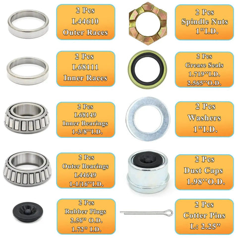 Two Sets 3500 LB Boat Trailer Axle Bearing Kits For 1 1/16 To 1 3/8 Inch Axles Includes L68149 And L44649 Bearings 171255TB Grease Seals Spindle Nuts 1.98 Inch Dust Caps Rubber Plugs Cotter Pins Washers For 3500 LB Spindle product components displayed with text labels.