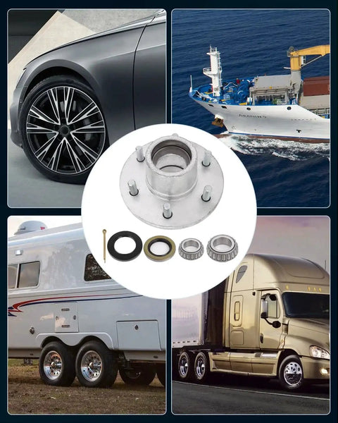 Collage of Boat Trailer Hub Kit with Hot Dip Galvanized Idler Hub and 6 Lug Bearing for 6000 lbs showing various usage scenarios
