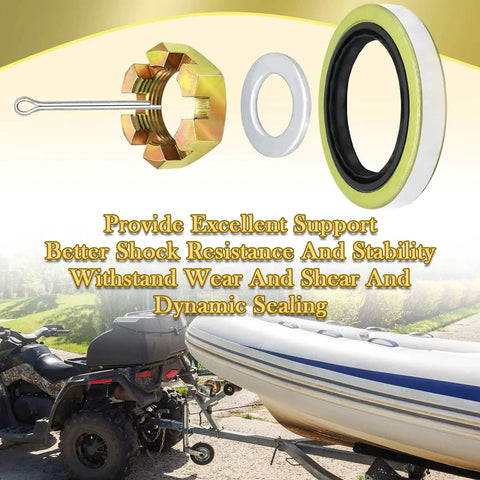 Components and benefits of All-in-One 5 Bolt Trailer Hub Kit For 3500 Lb Axles shown with ATV and inflatable boat trailer