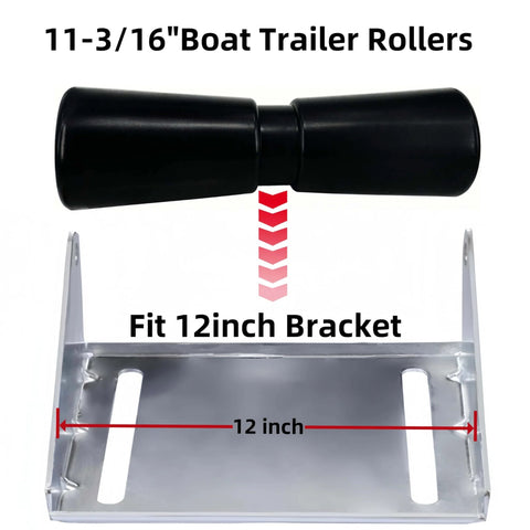 11-3/16" Heavy Duty Boat Trailer Roller with black rubber keel fits 12 inch wide bracket, designed for smooth motion and alignment.